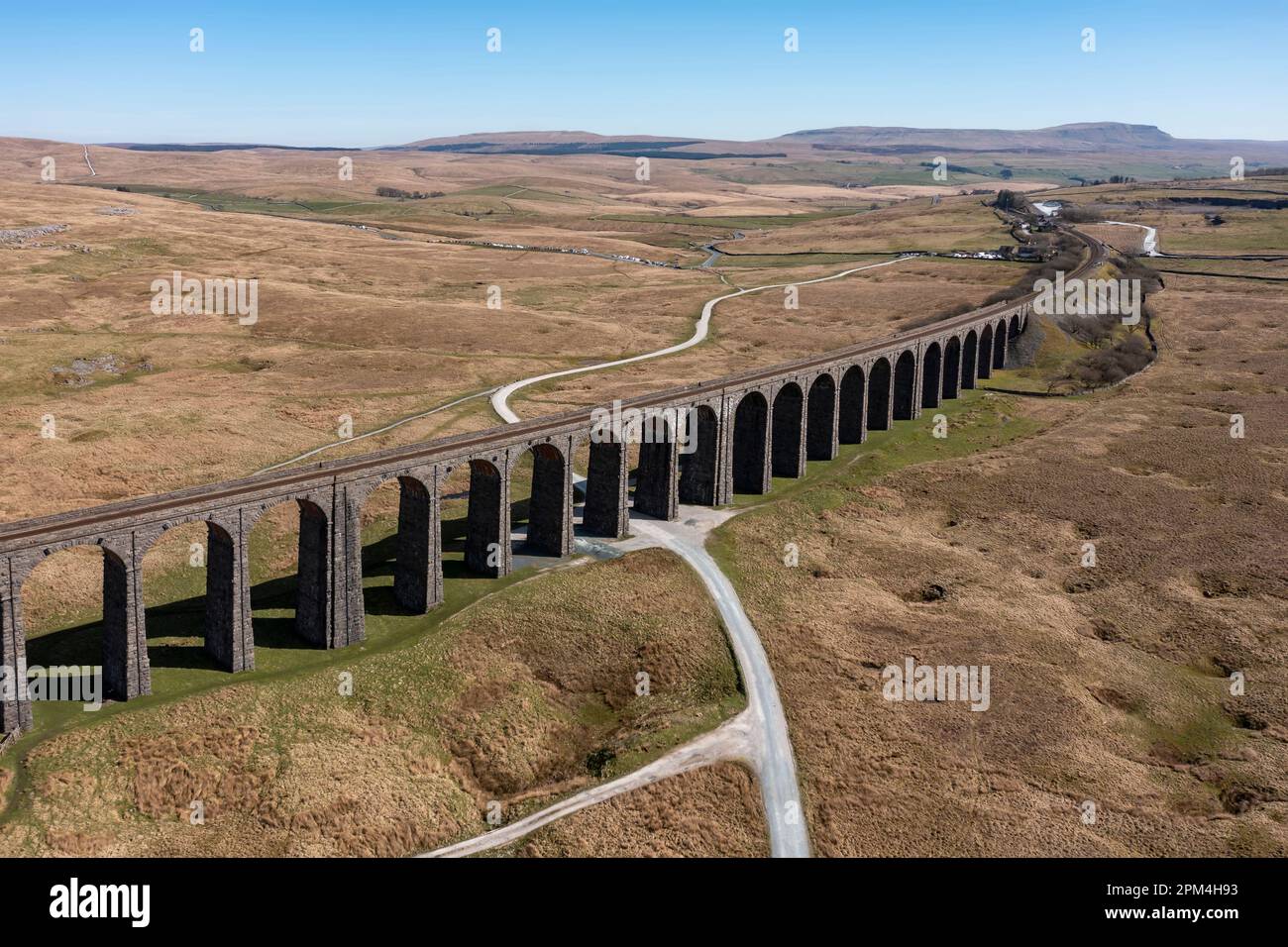 elevated view of ribblehead viaduct in the yorkshire dales summer day no people Stock Photo