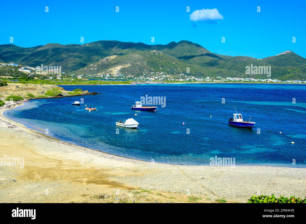 View in St Martin at Baie de l Embouchure with boats Stock Photo