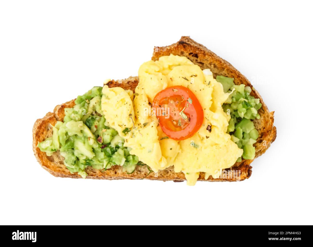 Tasty scrambled eggs sandwich and vegetables on white background Stock ...