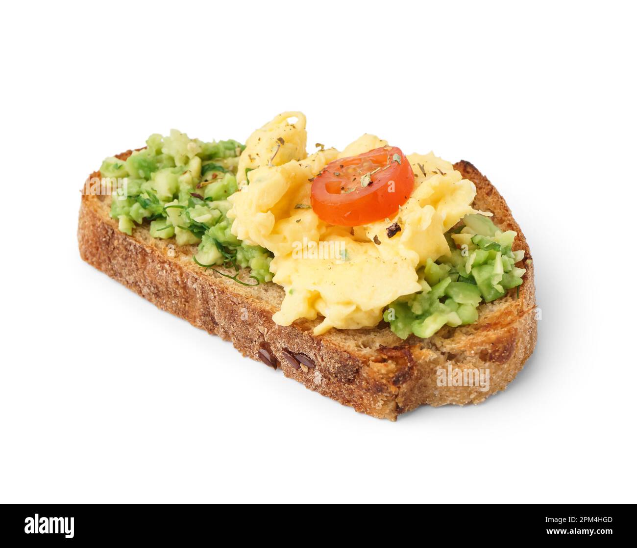 Tasty scrambled eggs sandwich and vegetables on white background Stock ...