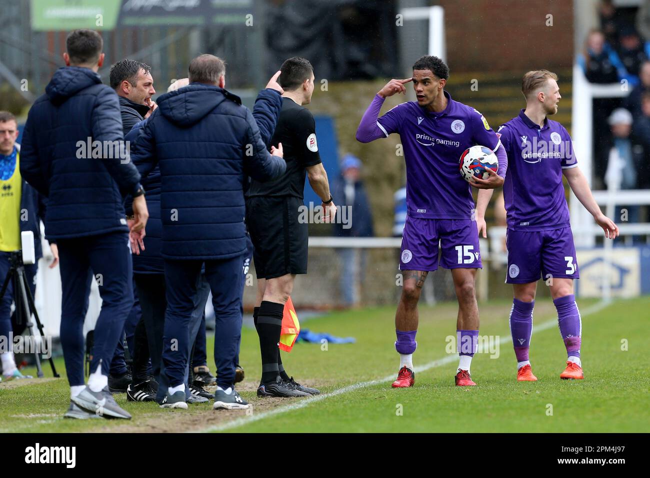 Stevenage's Terence Vancooten gestures towrds the referee's assistant during the Sky Bet League 2 match between Hartlepool United and Stevenage at Victoria Park, Hartlepool on Monday 10th April 2023. (Photo: Mark Fletcher | MI News) Credit: MI News & Sport /Alamy Live News Stock Photo