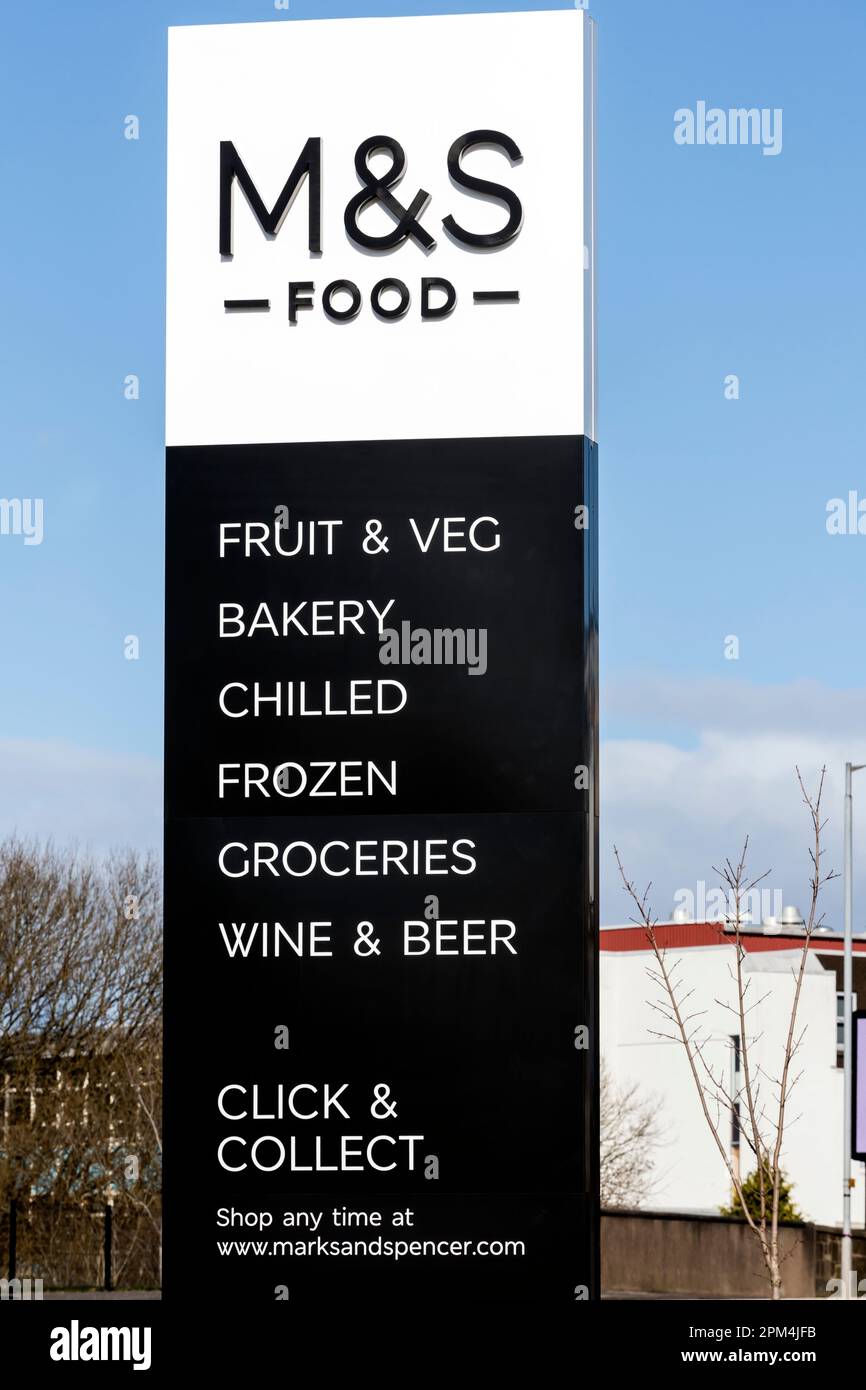 Marks and Spencer sign on a retail park, Scotland, UK, Europe Stock Photo