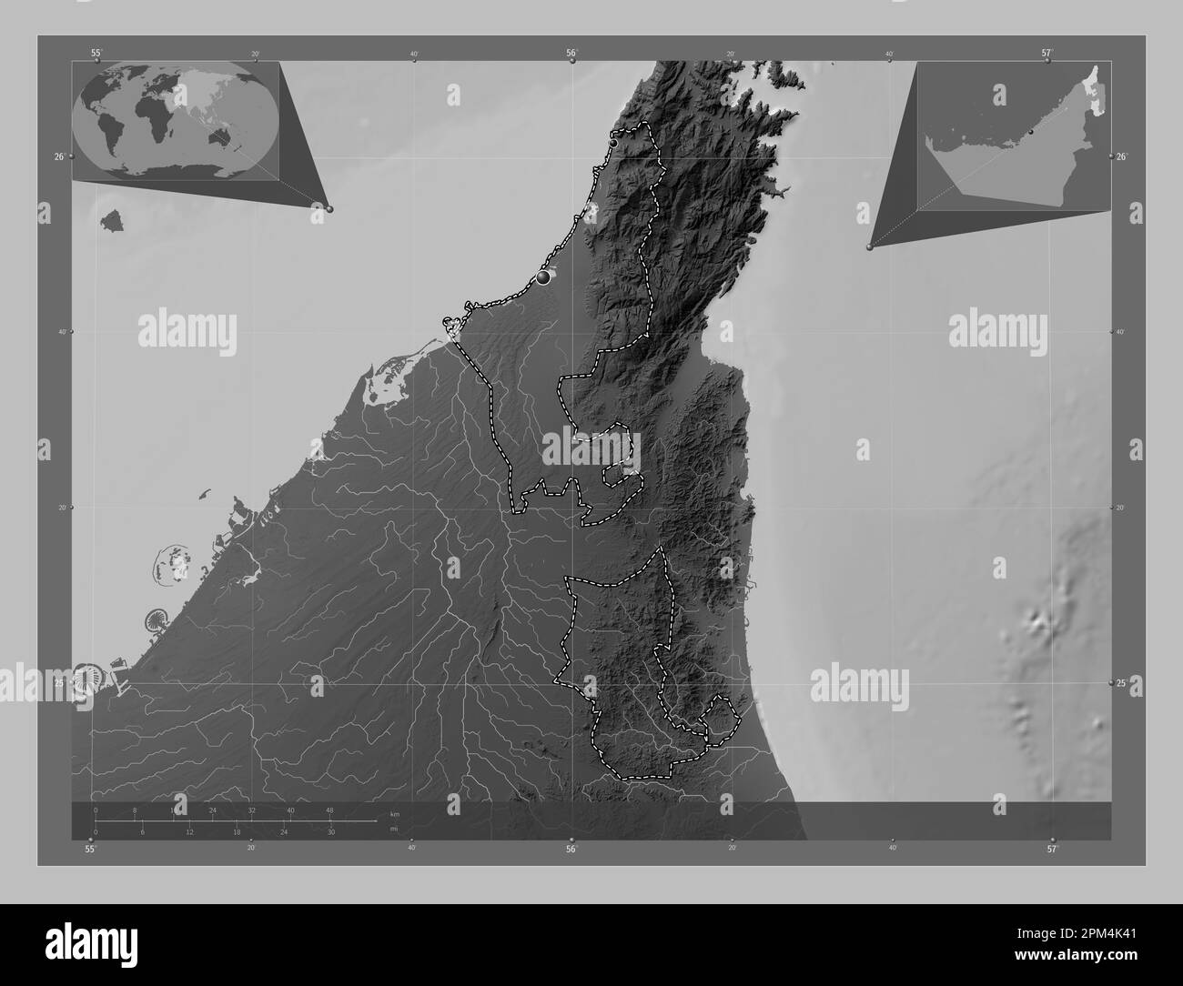 Ras Al Khaymah, emirate of United Arab Emirates. Grayscale elevation map with lakes and rivers. Locations of major cities of the region. Corner auxili Stock Photo