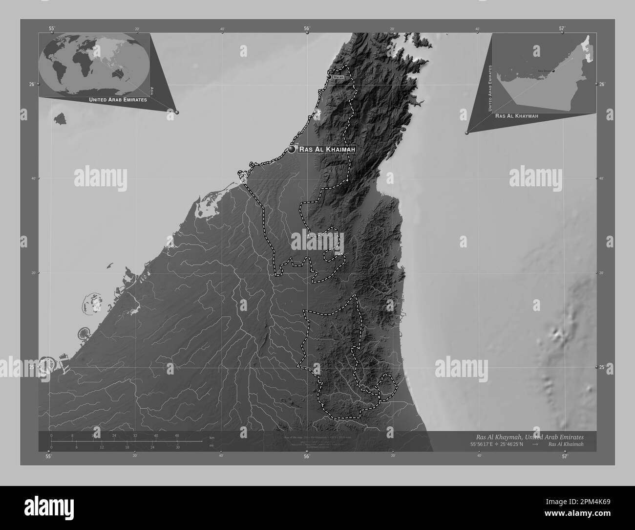 Ras Al Khaymah, emirate of United Arab Emirates. Grayscale elevation map with lakes and rivers. Locations and names of major cities of the region. Cor Stock Photo