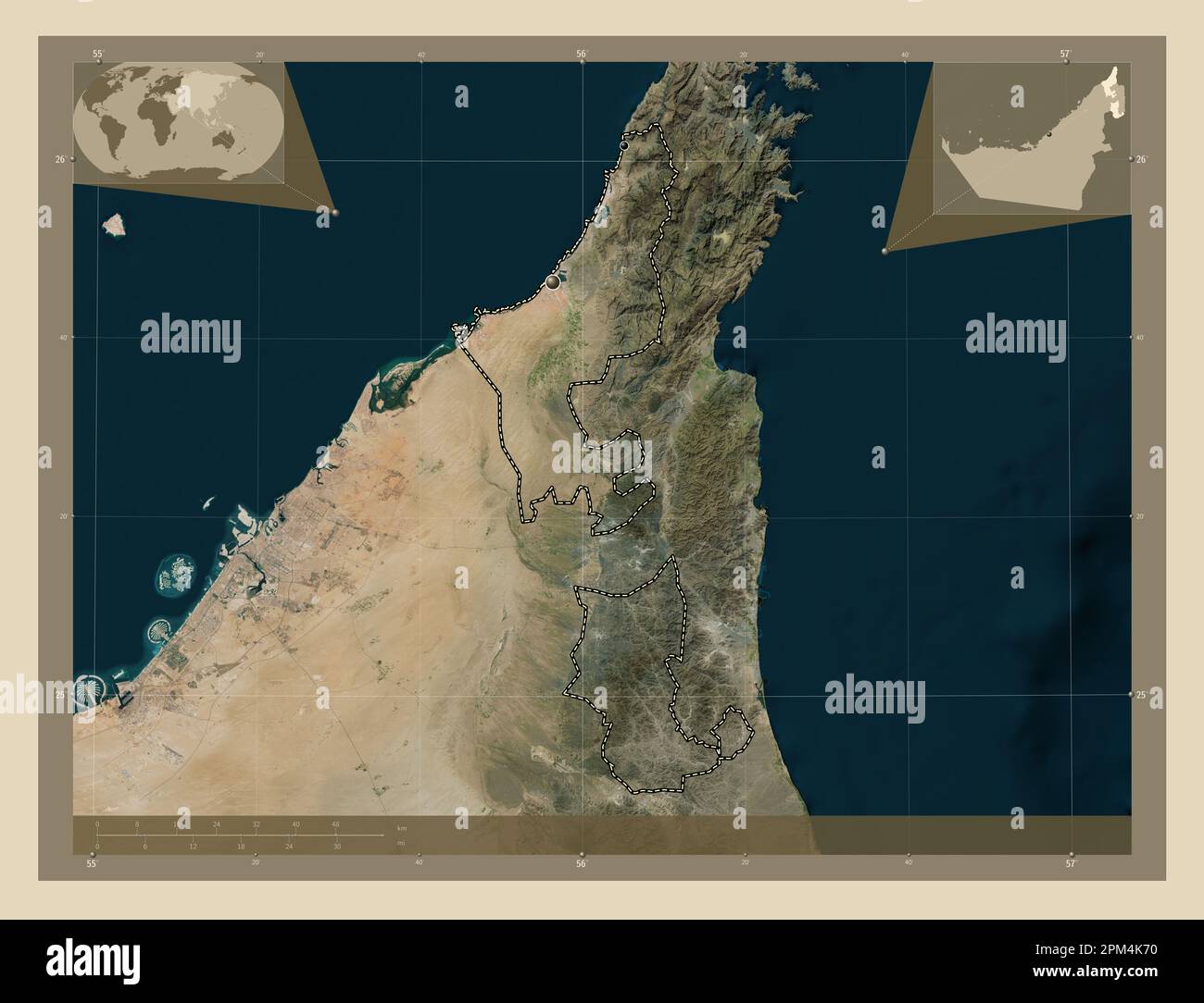 Ras Al Khaymah, emirate of United Arab Emirates. High resolution satellite map. Locations of major cities of the region. Corner auxiliary location map Stock Photo