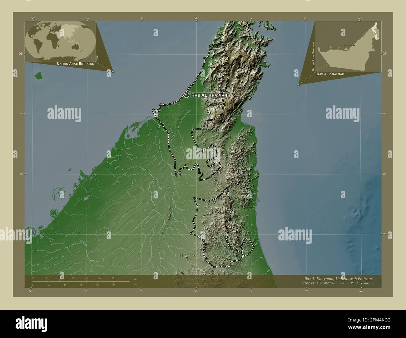 Ras Al Khaymah, emirate of United Arab Emirates. Elevation map colored in wiki style with lakes and rivers. Locations and names of major cities of the Stock Photo