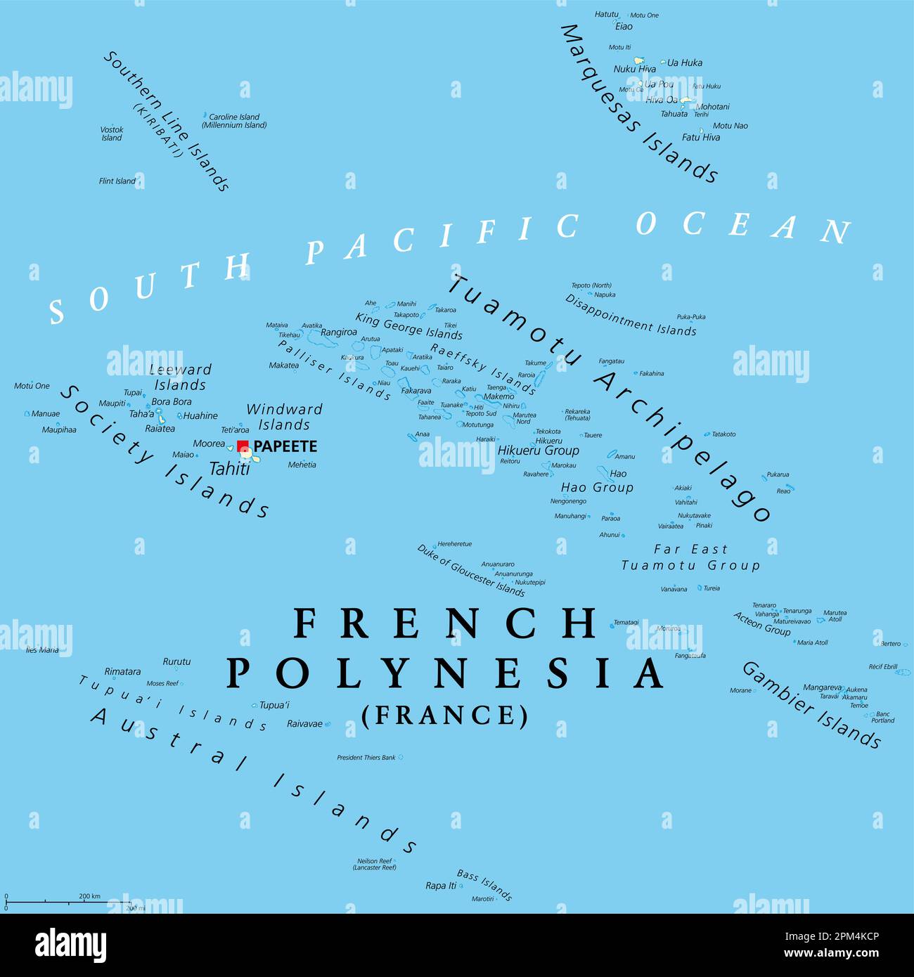 French Polynesia, political map. Overseas collectivity of France, and its sole overseas country, in the South Pacific Ocean, with 121 islands. Stock Photo