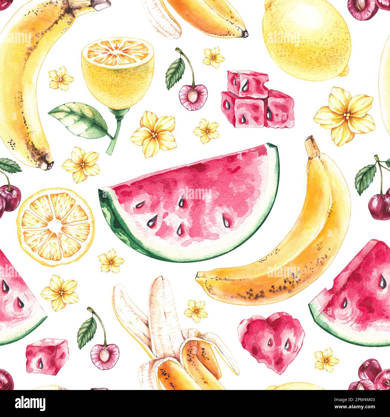 Watercolor summer fruit pattern of watermelon, pineapple, lemon, cherry on a white background. Pattern for the design of packaging, cards, invitations Stock Photo