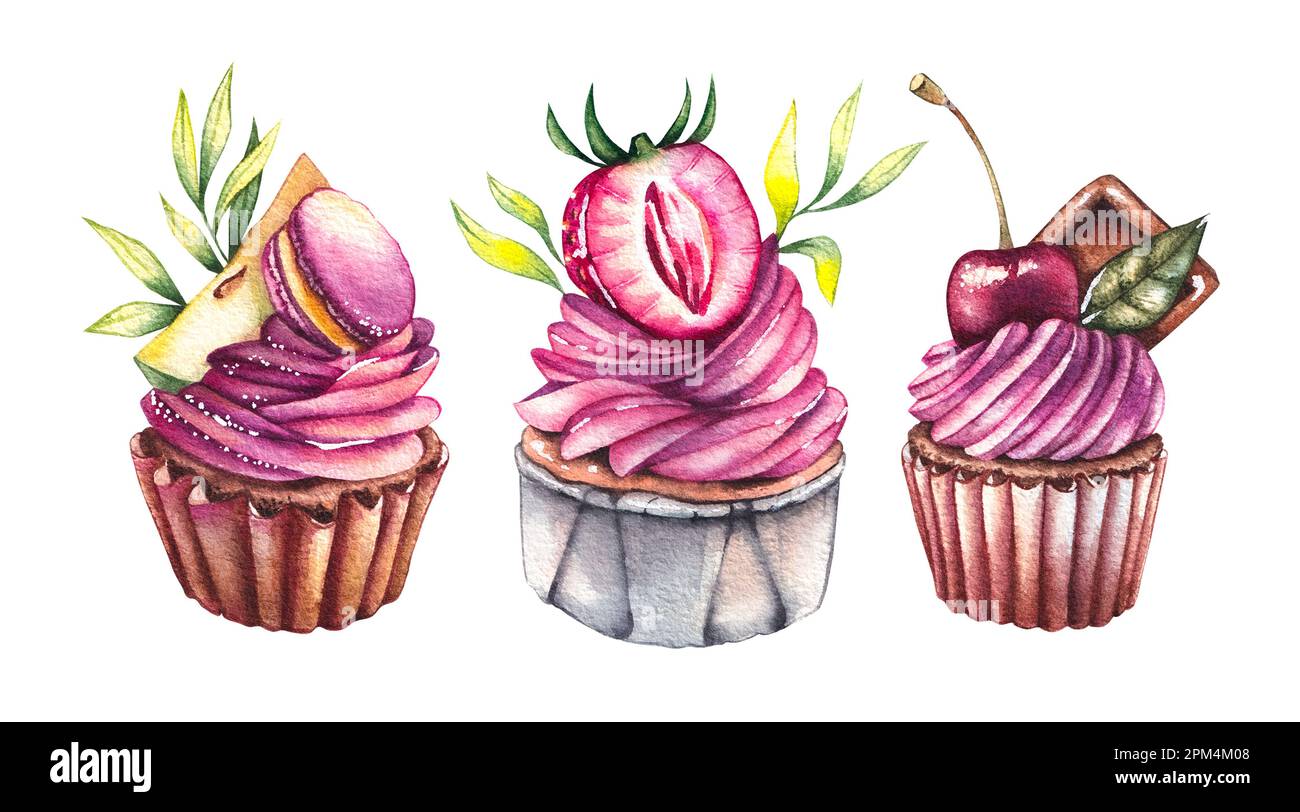 Watercolor cupcakes on a white background. Isolated illustration for ...