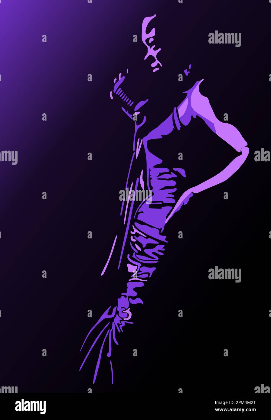 Female jazz singer is singing on the stage. Line art illustration. Stock Vector