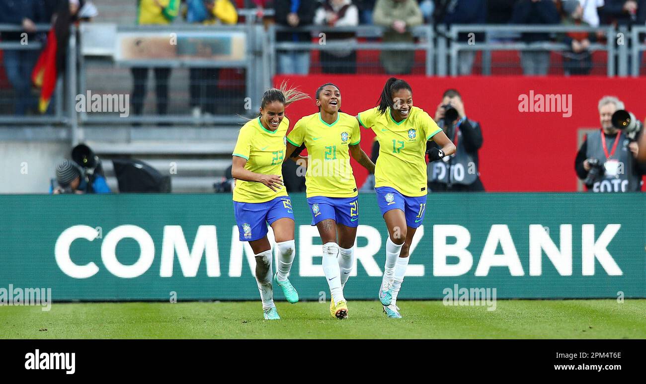 Nuremberg, Deutschland. 11th Apr, 2023. firo : April 11th, 2023, football, soccer, friendly match, DFB women, women, country game, national team Germany - Brazil jubilation Brazil to 0:2 with GABI NUNES, KEROLIN and ARY BORGES, from left Credit: dpa/Alamy Live News Stock Photo