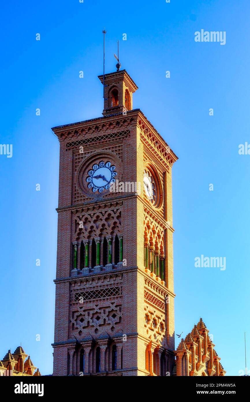Clock tower building exterior. Old antique architecture of the Toledo AVE station. The