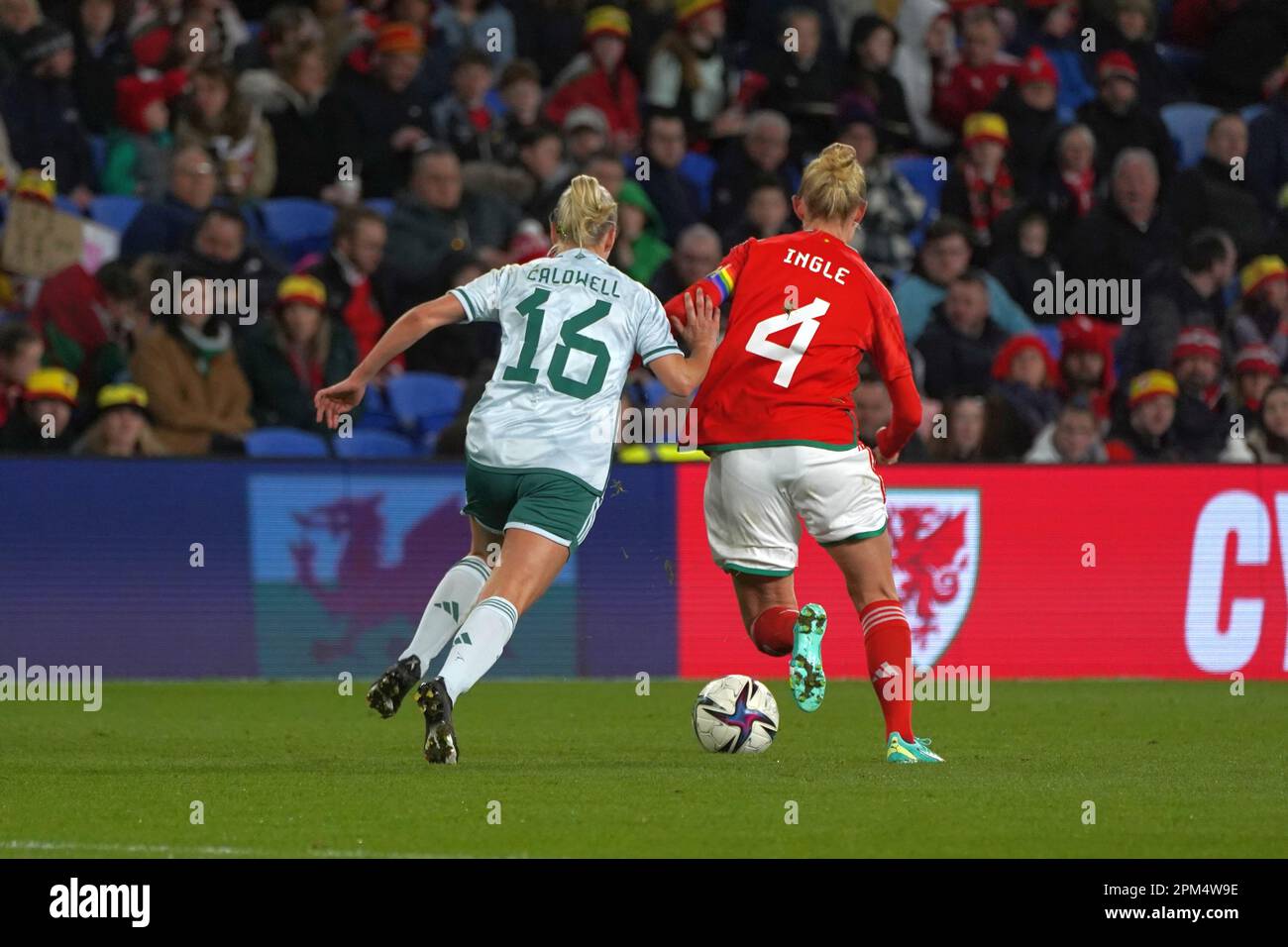 Sophie Ingle (Wales) and Nadene Caldwell (N Ire), Wales 4 v 1 Northern Ireland, Cardiff City Stadium, 6th April 2023 Stock Photo