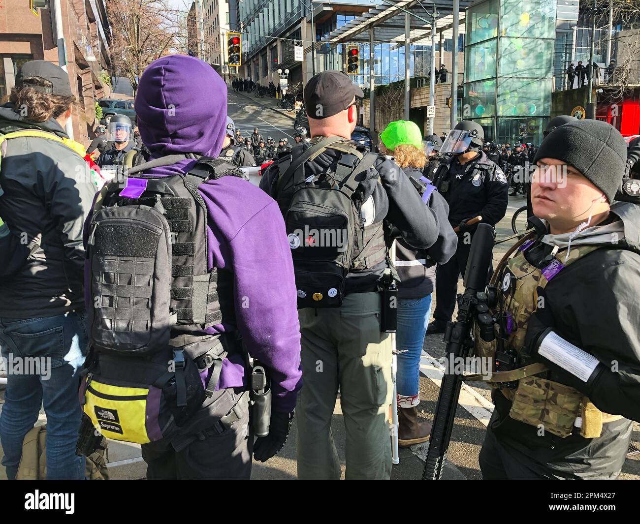 Seattle, USA. 5th Jan, 2020.  John Brown Gun Club at the Anti Trump protest at City Hall. Stock Photo