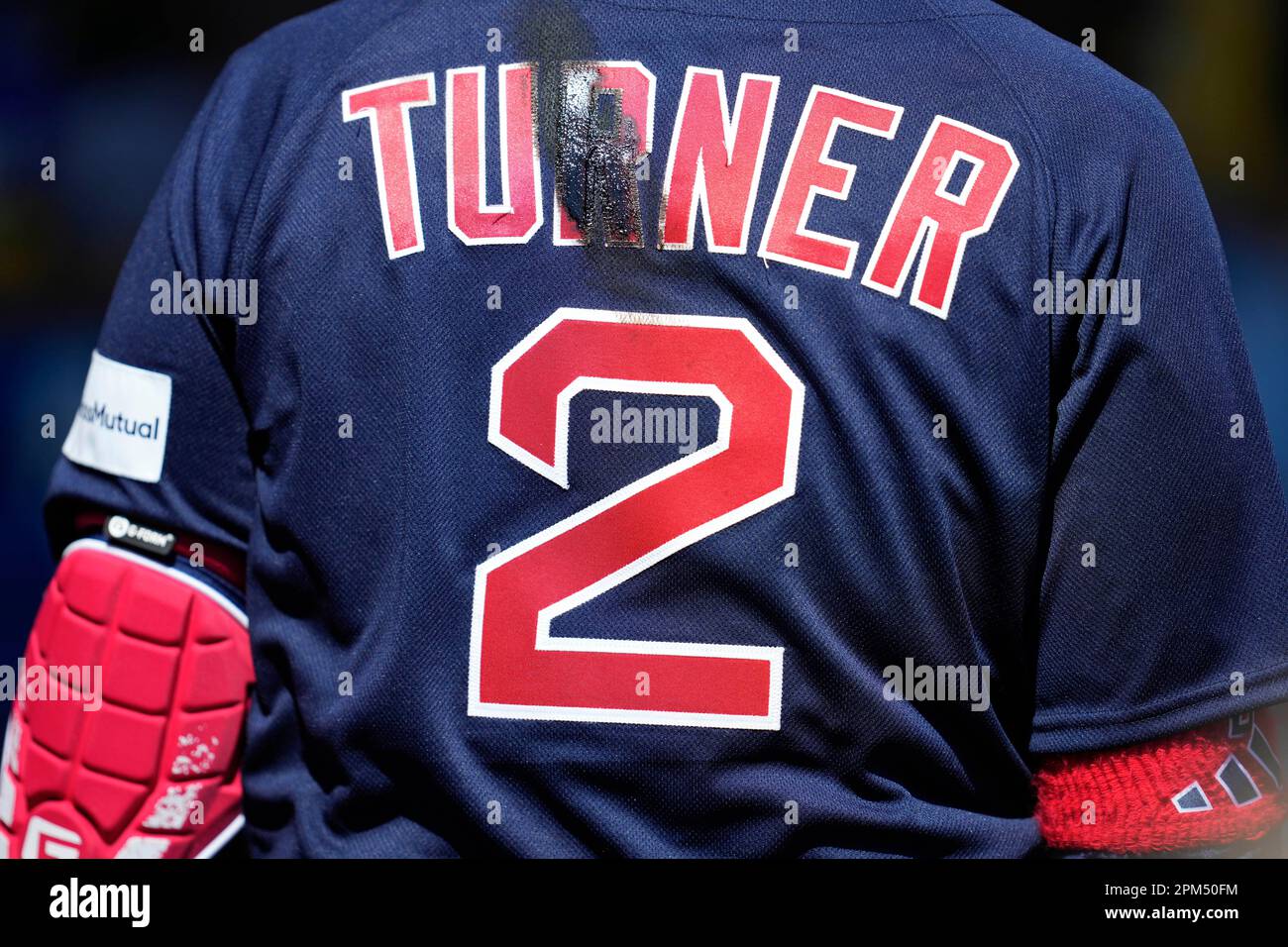 Pine tar is shown on the back of the jersey of Boston Red Sox Justin Turner  in the third inning of a baseball game against the Detroit Tigers in  Detroit, Sunday, April