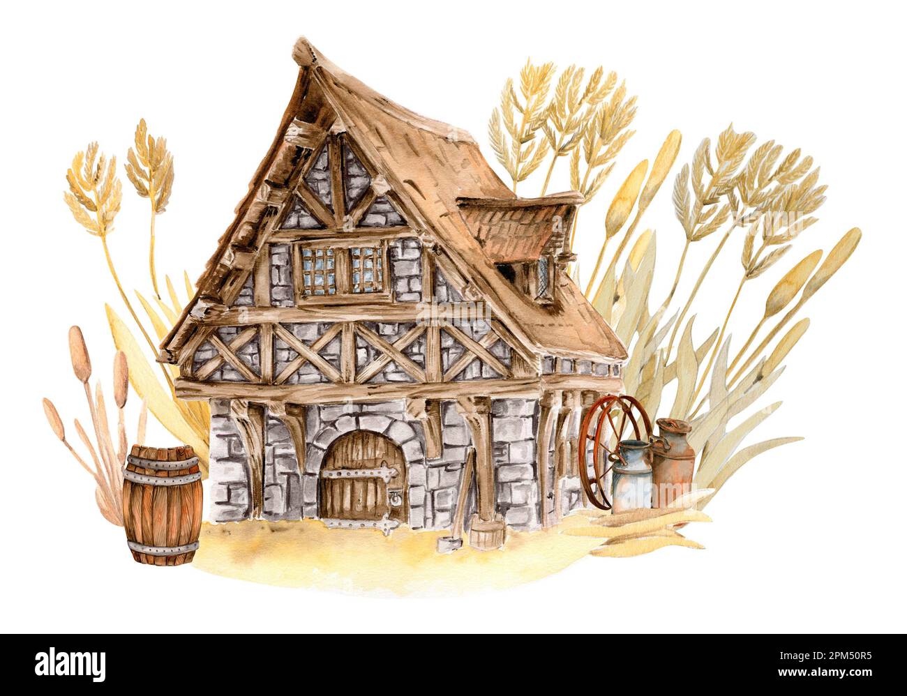 Watercolor illustration of an old country house . An old rusty enamel ...