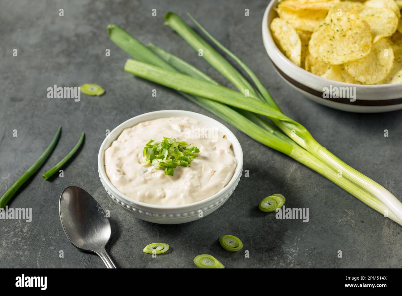 Homemade Sour Cream and Onion Dip in a Bowl Stock Photo