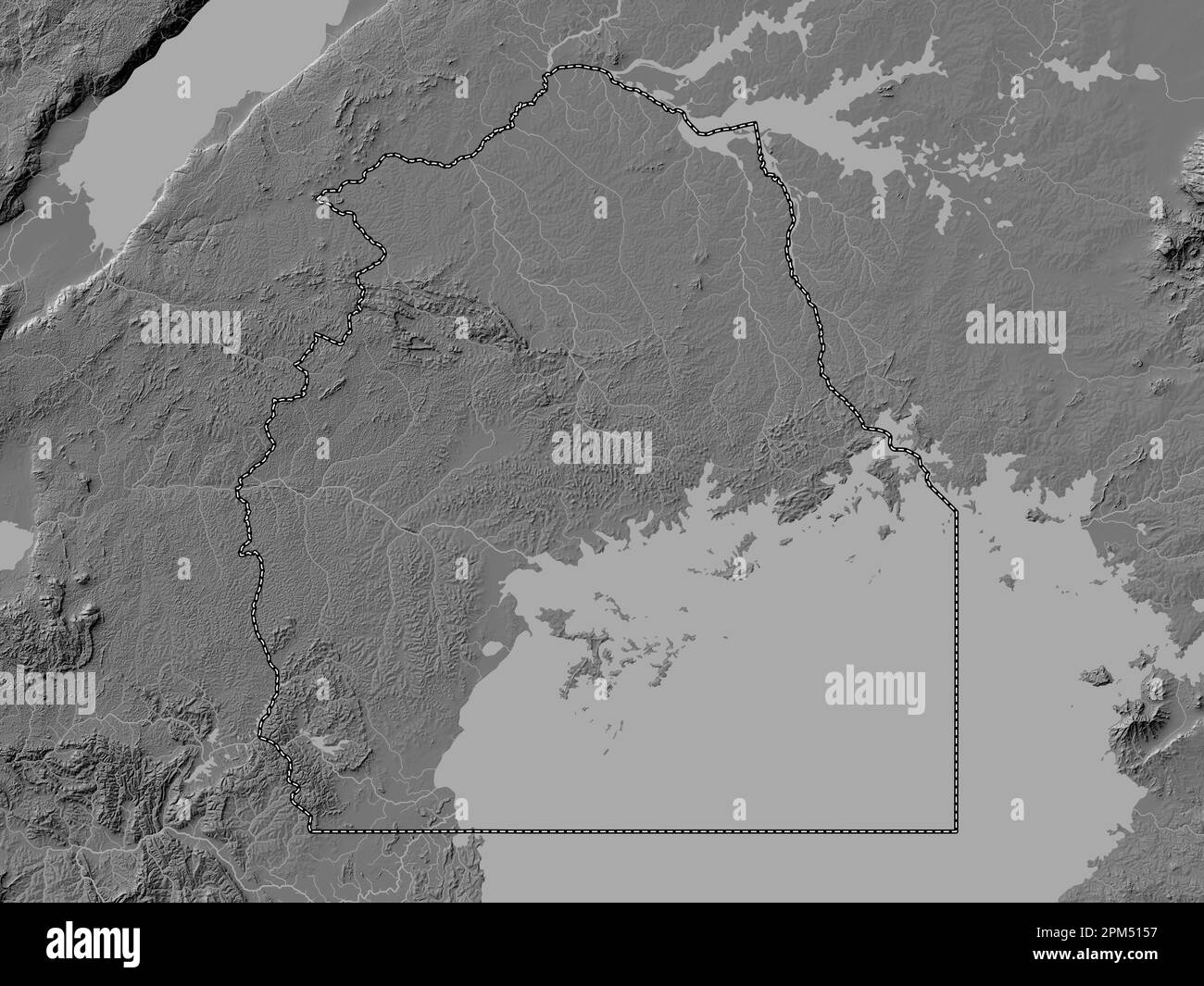 Central, region of Uganda. Bilevel elevation map with lakes and rivers Stock Photo