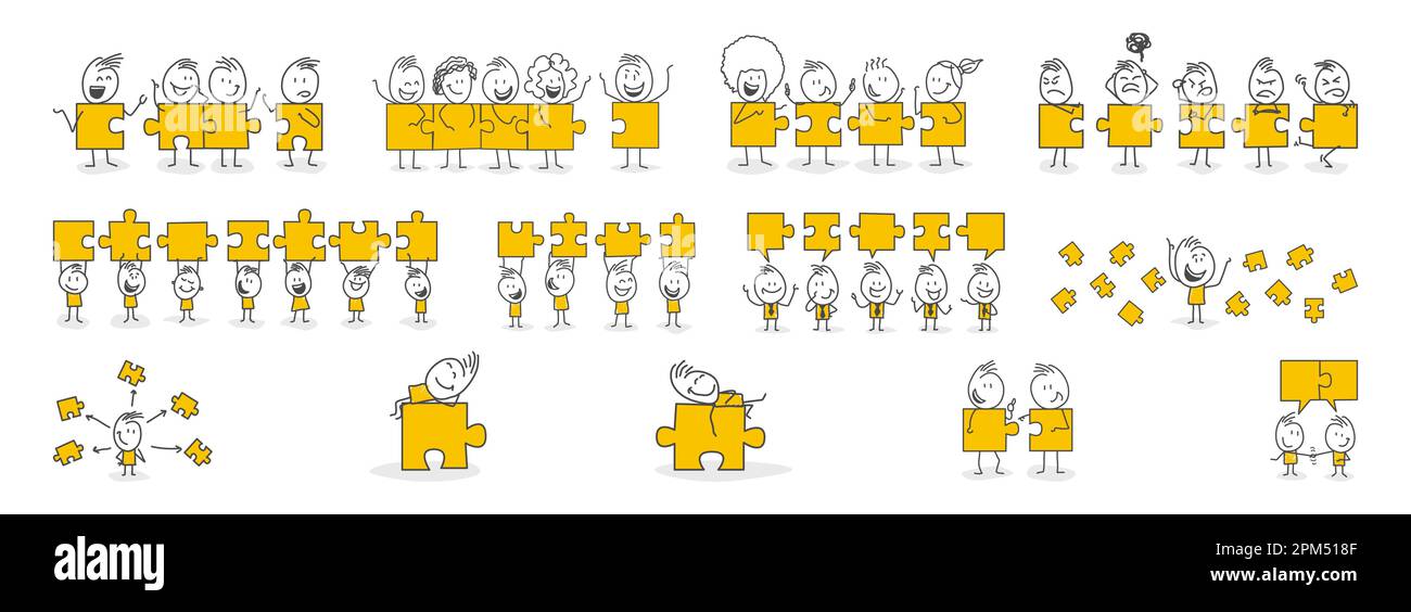 Stick figures. Signs, Business, Success. Man with puzzle pieces