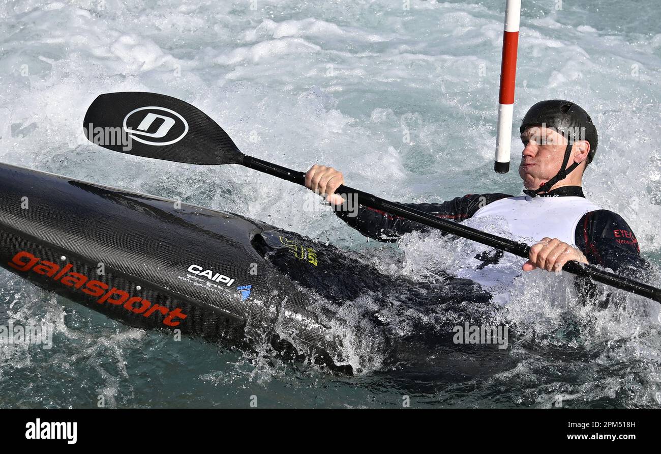 Waltham Cross. United Kingdom. 09 April 2023. British Canoeing GB selection races. Lee Valley White Water Centre. Waltham Cross. Huw Swetnam in the mens kayak during the British Canoeing GB selection races at Lee Valley White Water Centre, United Kingdom. Stock Photo
