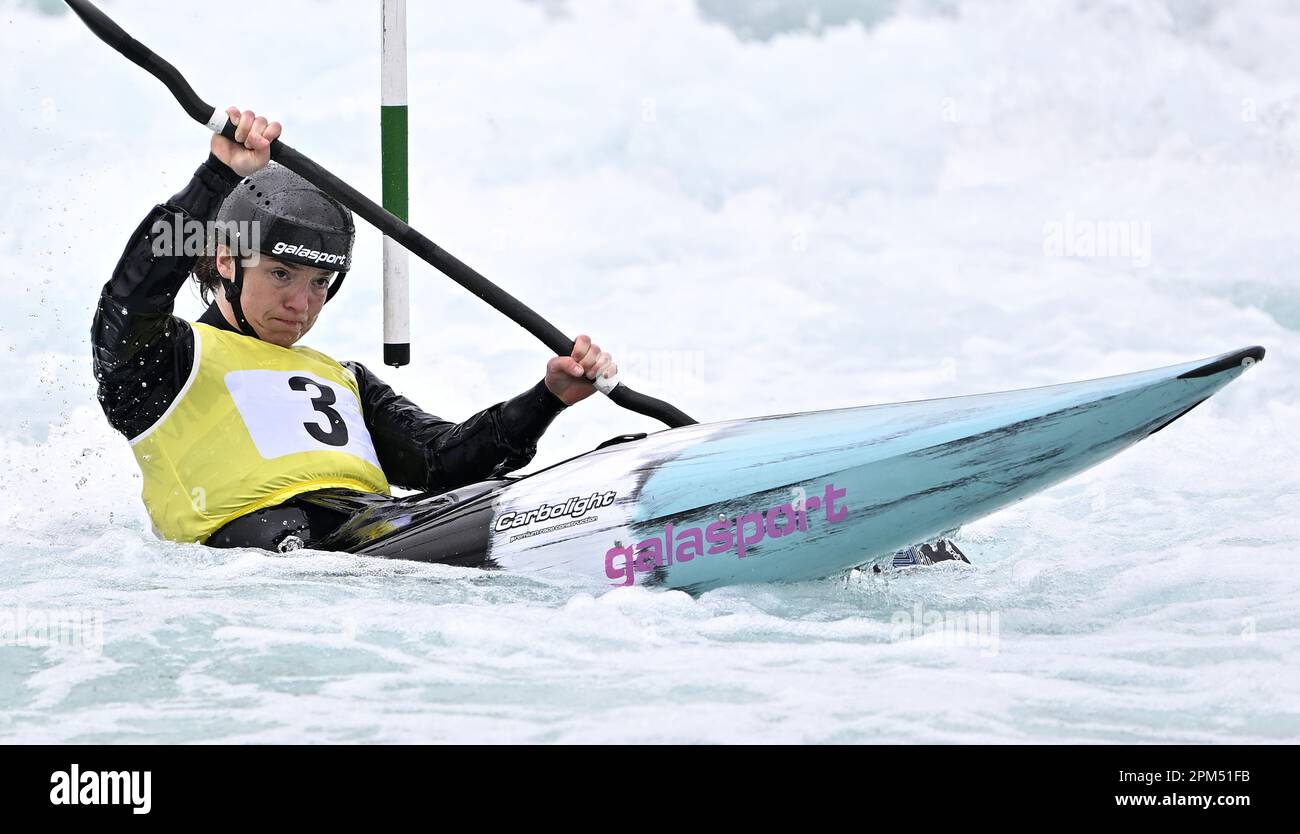 Waltham Cross. United Kingdom. 10 April 2023. British Canoeing GB selection races. Lee Valley White Water Centre. Waltham Cross. Amber Maslen in the womens kayak during the British Canoeing GB selection races at Lee Valley White Water Centre, United Kingdom. Stock Photo