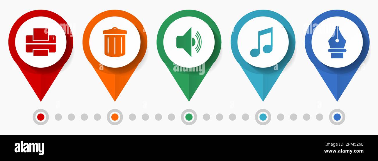 Media icon set, flat design miscellaneous pointer icons such as printer, trash can, speaker, note and pen for webdesign and mobile applications, infog Stock Vector