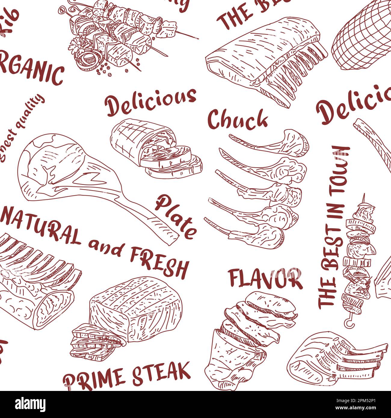 Meat seamless pattern. Hand-drawn vector illustration. Carved
