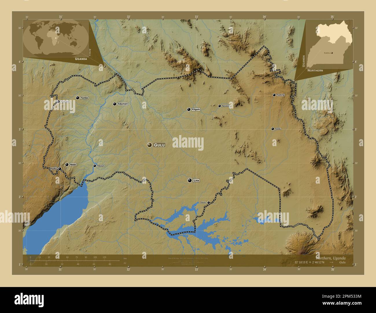 Northern, region of Uganda. Colored elevation map with lakes and rivers. Locations and names of major cities of the region. Corner auxiliary location Stock Photo