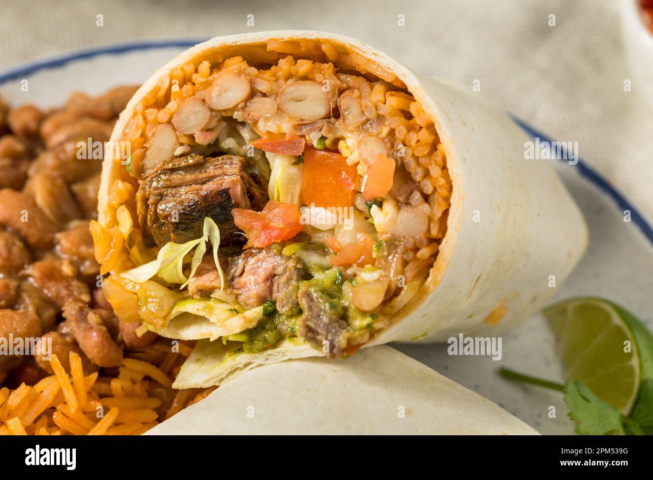 Homemade Mexican Cheesy Steak Burrito with Guacamole and Salsa Stock Photo