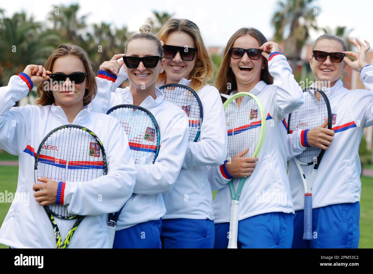 (L-R) Sara Bejlek, Marketa Vondrousova, Linda Noskova, Barbora Krejcikova and Karolina Muchova of Czech Republic pose to photographer prior to the Bil Stock Photo