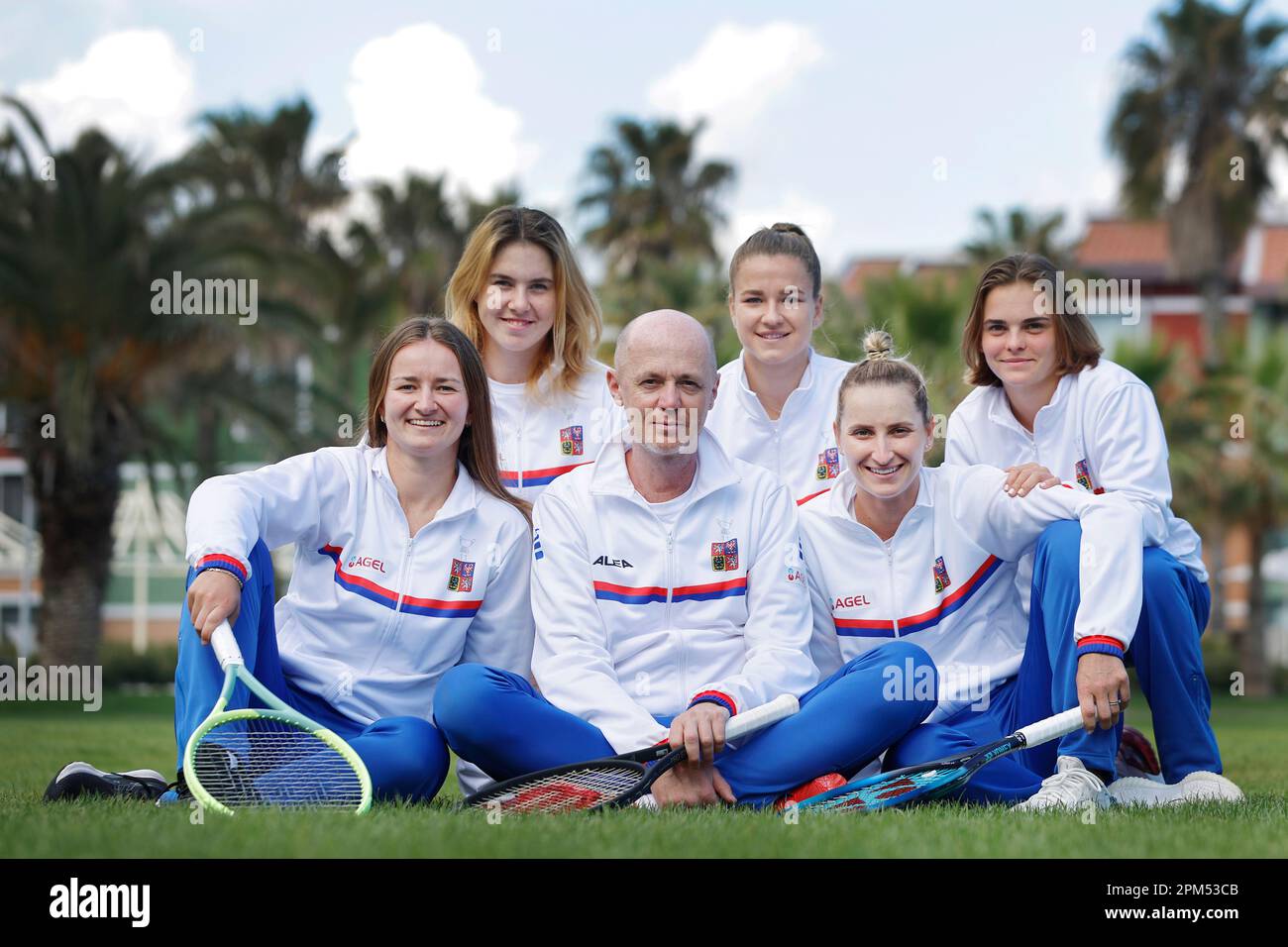 (L-R) Barbora Krejcikova, Linda Noskova, non-playing captain Petr Pala, Karolina Muchova, Marketa Vondrousova and Sara Bejlek of Czech Republic pose t Stock Photo