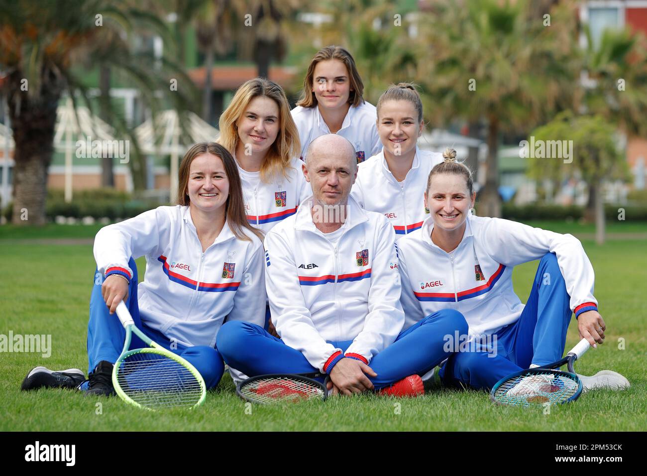 Barbora Krejcikova, Linda Noskova, Sara Bejlek, non-playing captain Petr Pala, Karolina Muchova and Marketa Vondrousova of Czech Republic pose to phot Stock Photo