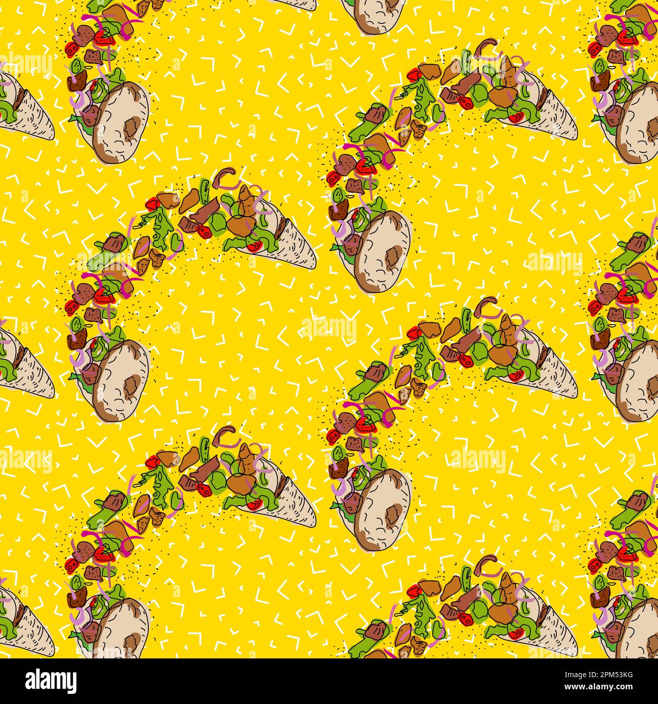 Shawarma Kebab pattern fast food. Seamless pattern. Concept of doner kebab, street food, barbecue, cuisine. Vintage design template, banner. Fresh veg Stock Vector