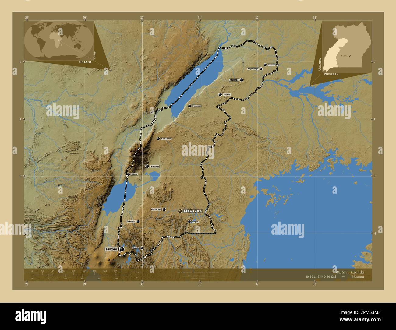 Western, region of Uganda. Colored elevation map with lakes and rivers. Locations and names of major cities of the region. Corner auxiliary location m Stock Photo