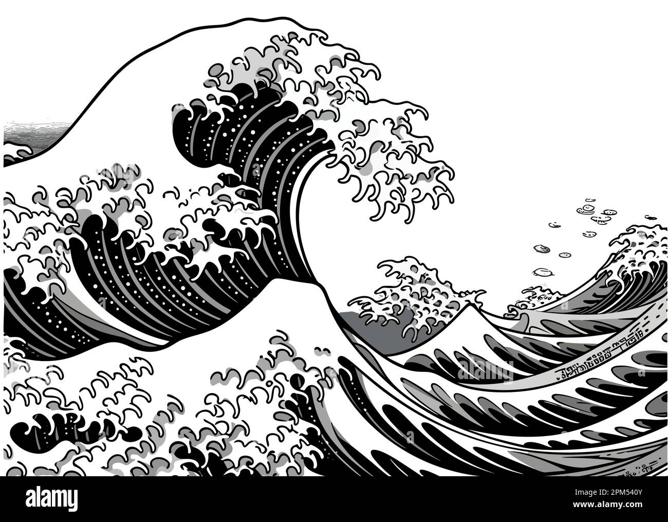 An oriental Japanese great wave in a vintage retro engraved etching