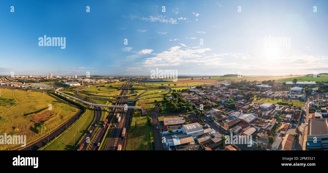 Ribeirao Preto, Sao Paulo, Brazil - March 23, 2023 - Aerial view of pedestrian walkway and main ring road Stock Photo