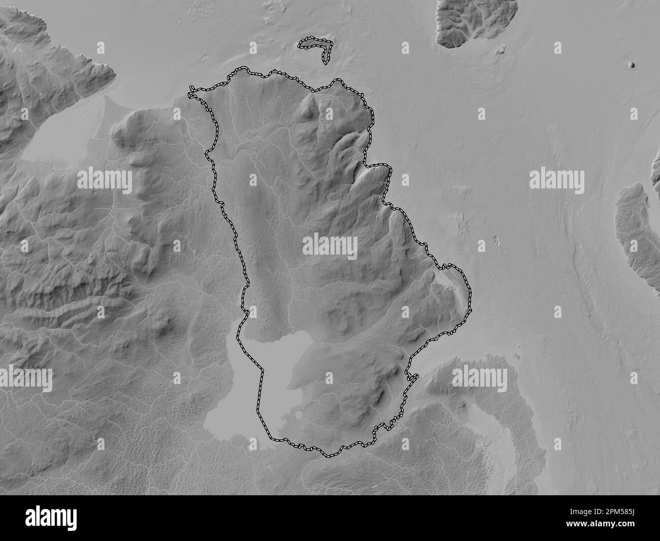 Antrim, region of Northern Ireland. Grayscale elevation map with lakes and rivers Stock Photo