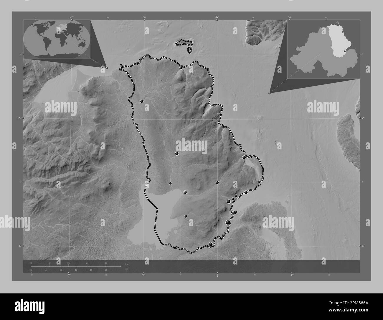 Antrim, region of Northern Ireland. Grayscale elevation map with lakes and rivers. Locations of major cities of the region. Corner auxiliary location Stock Photo