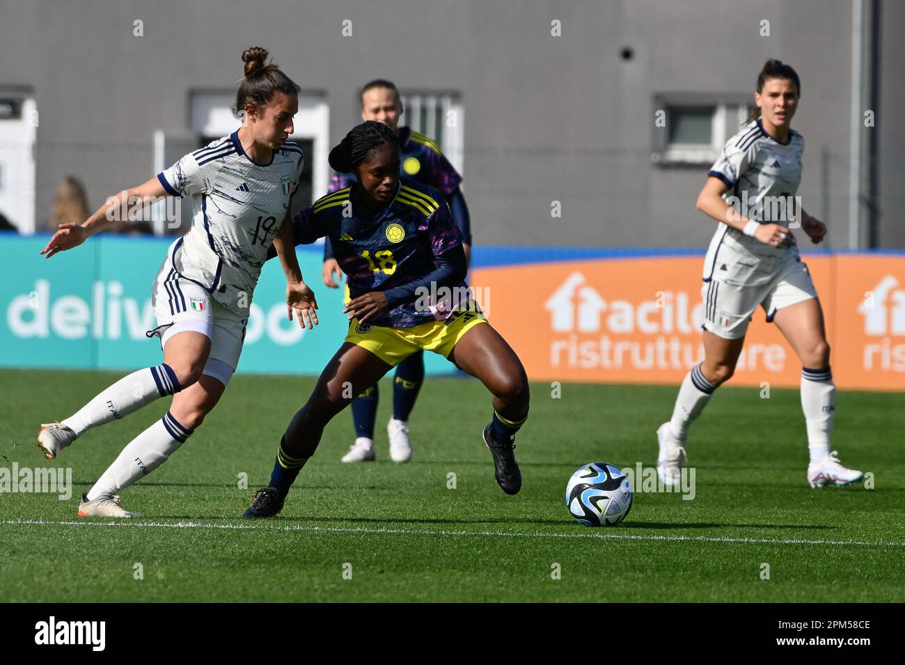 Martina Lenzini of Italy and Linda Caicedo of Colombia during football Match, Stadio Tre Fontane, Italy v, Colombia. 11th Apr, 2023. (Photo by AllShotLive/Sipa USA) Credit: Sipa USA/Alamy Live News Stock Photo