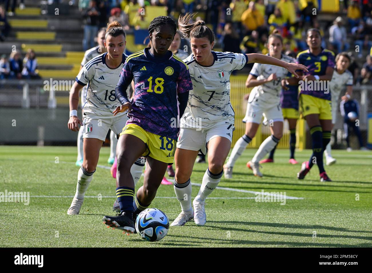 Linda Caicedo of Colombia and Sofia Cantore of Italy during football Match, Stadio Tre Fontane, Italy v, Colombia. 11th Apr, 2023. (Photo by AllShotLive/Sipa USA) Credit: Sipa USA/Alamy Live News Stock Photo