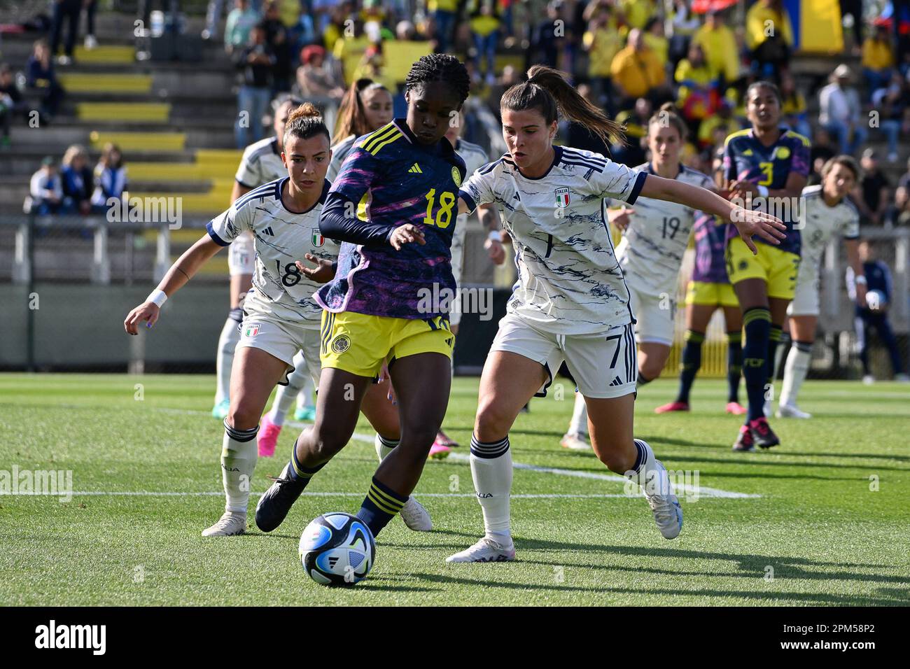 Linda Caicedo of Colombia and Sofia Cantore of Italy during football Match, Stadio Tre Fontane, Italy v, Colombia. 11th Apr, 2023. (Photo by AllShotLive/Sipa USA) Credit: Sipa USA/Alamy Live News Stock Photo