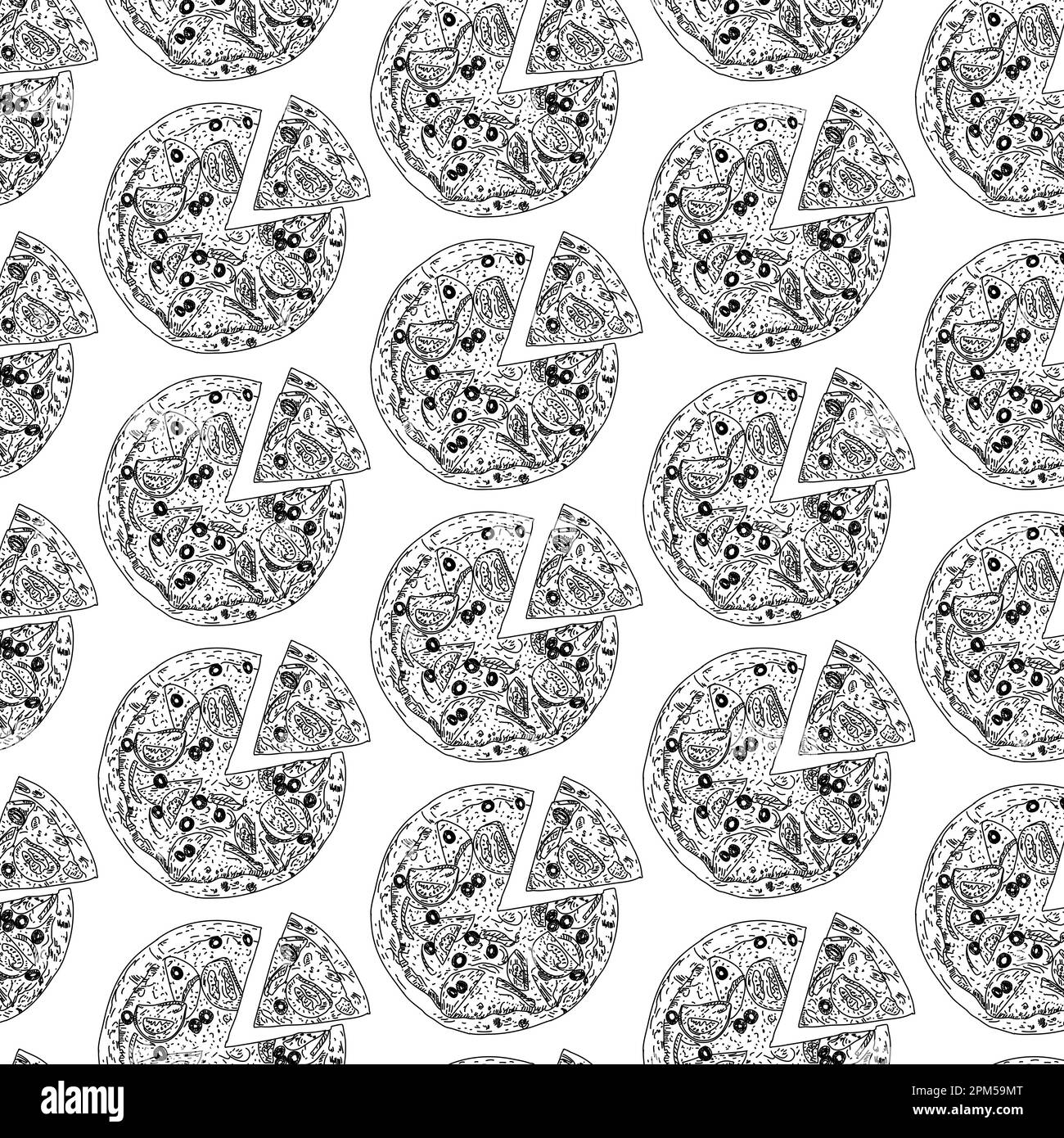 Seamless pizza pattern. Hand drawn pizza illustrations. Vector