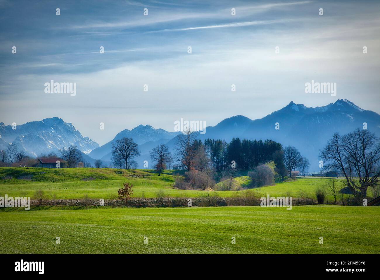 DE - UPPER BAVARIA: Murnauer Moos (Moor) with Zugspitze (2962m), Waxenstein (1889m) and Ettaler Manndl (1636m) mountains in background Stock Photo