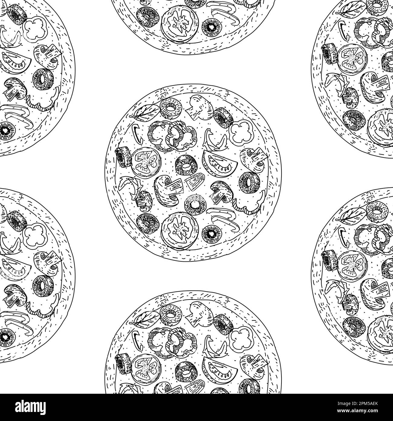 Seamless pizza pattern. Hand drawn pizza illustrations. Vector