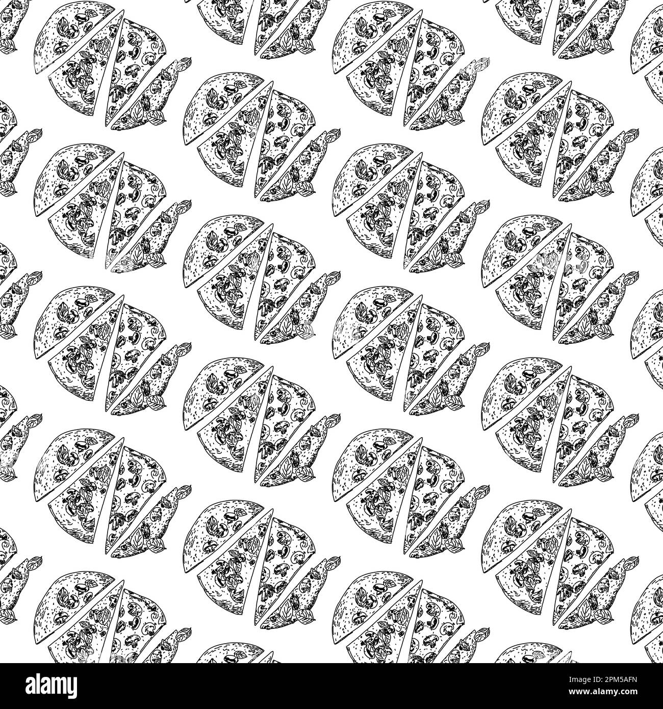 Seamless pizza pattern. Hand drawn pizza illustrations. Vector