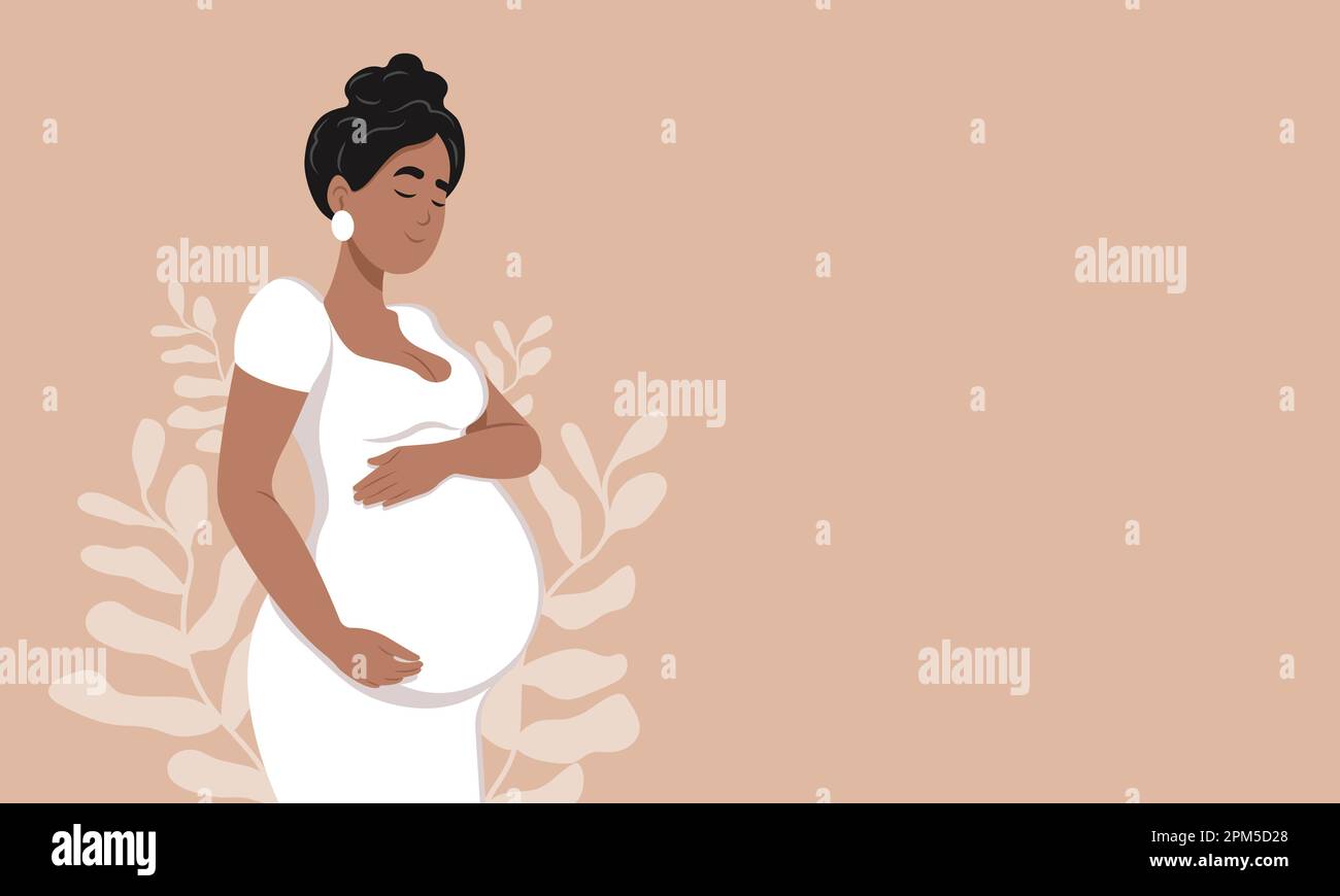 Healthy pregnancy banner. Beautiful pregnant black woman hugs her belly