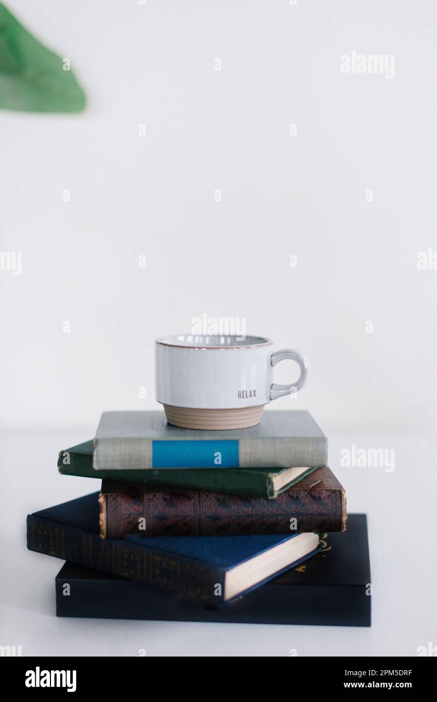 White shelf with green plant, old books spine-out, and relax mug Stock Photo