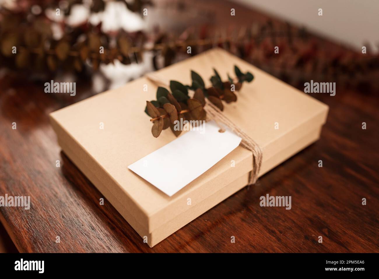Blank white gift tag with brown present box, twine, eucalyptus leaves Stock Photo