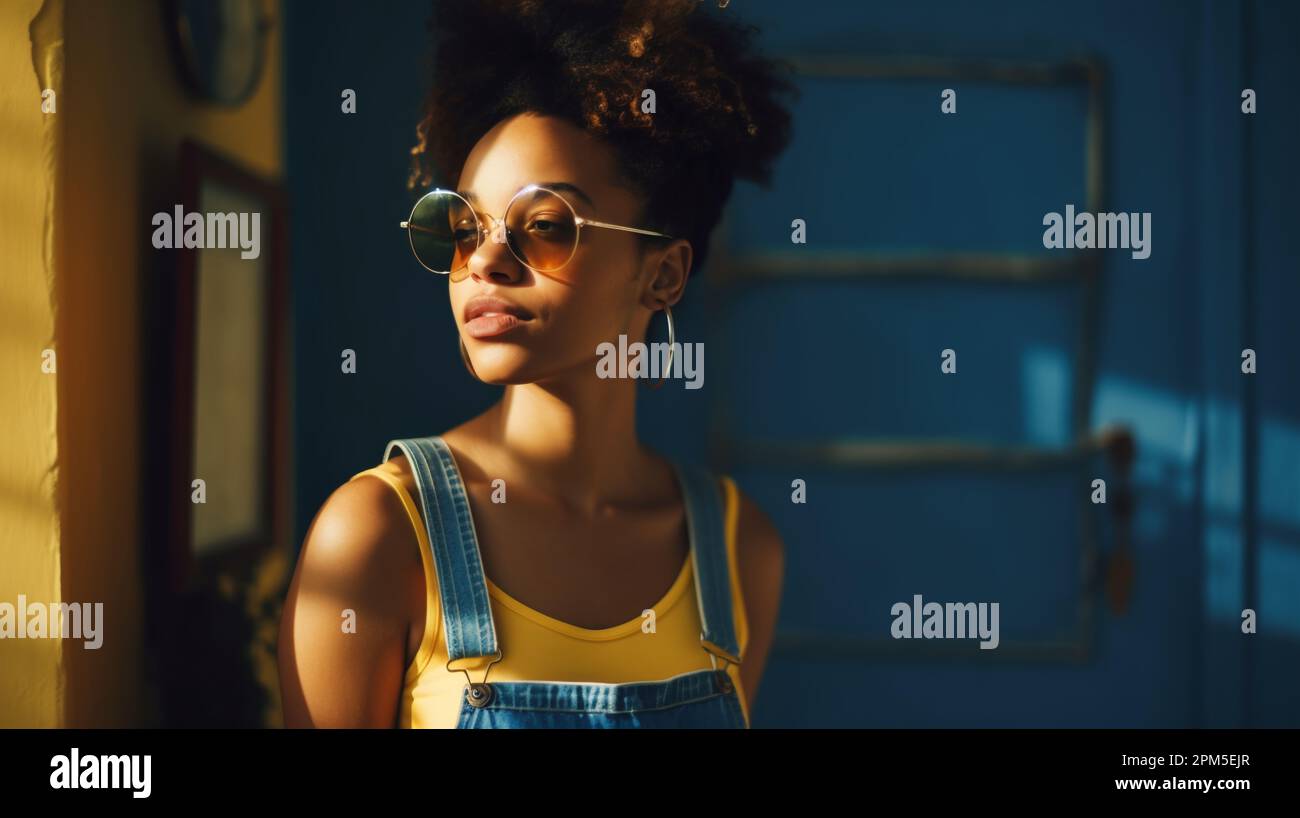 Beautiful young afr woman on dungarees and sunglasses looking away Stock Photo