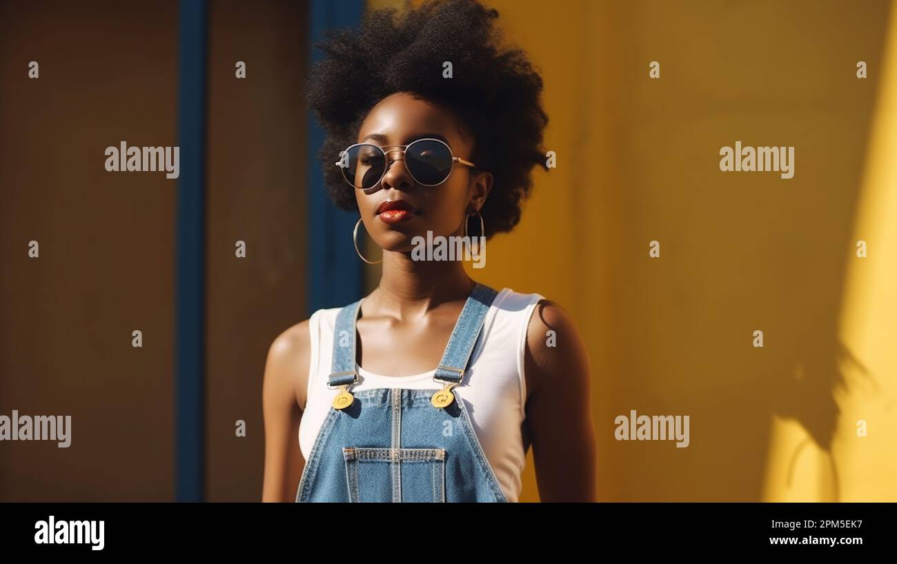 afro woman on blue dungarees standing  against a yellow wall Stock Photo
